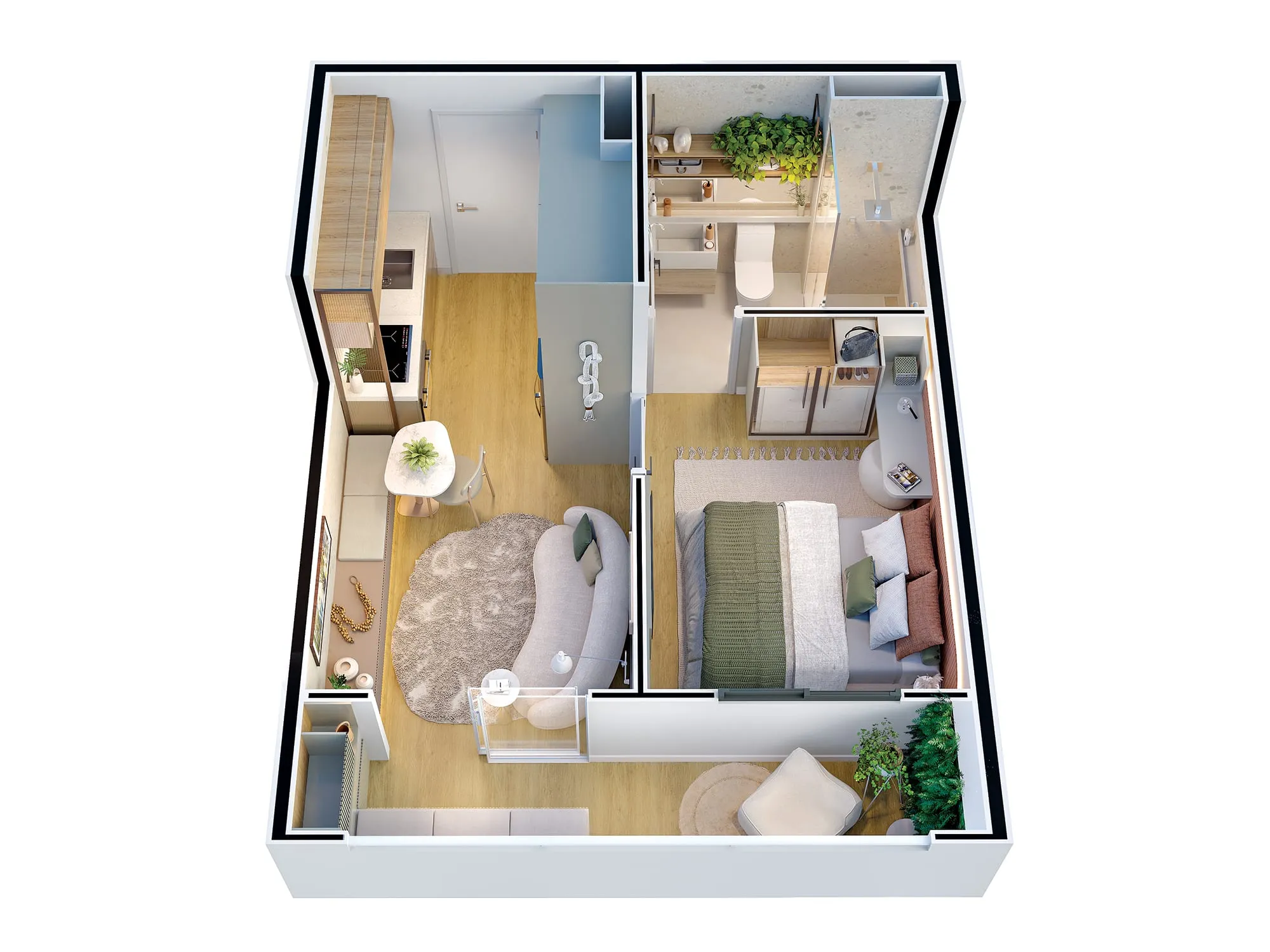 Perspectiva isométrica do apartamento de 1 dormitório, 31,23 m², com sugestão de decoração