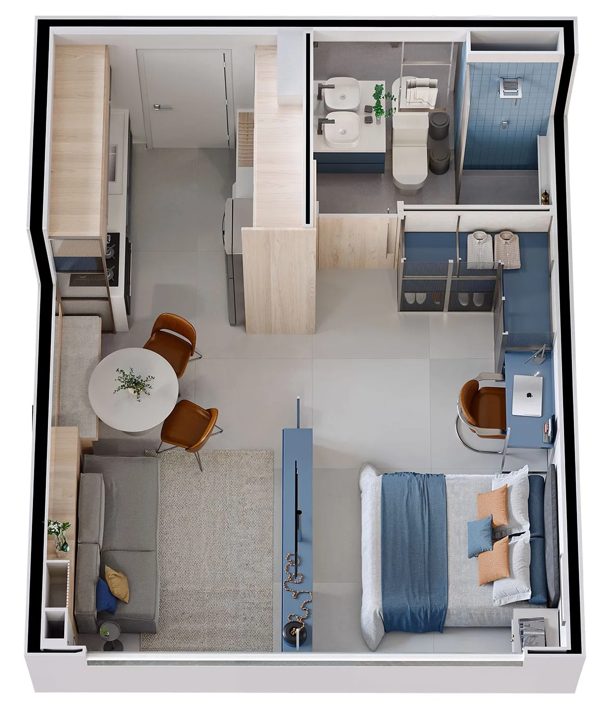 Perspectiva isométrica do apartamento de 1 dormitório, 30,85 m², com sugestão de decoração