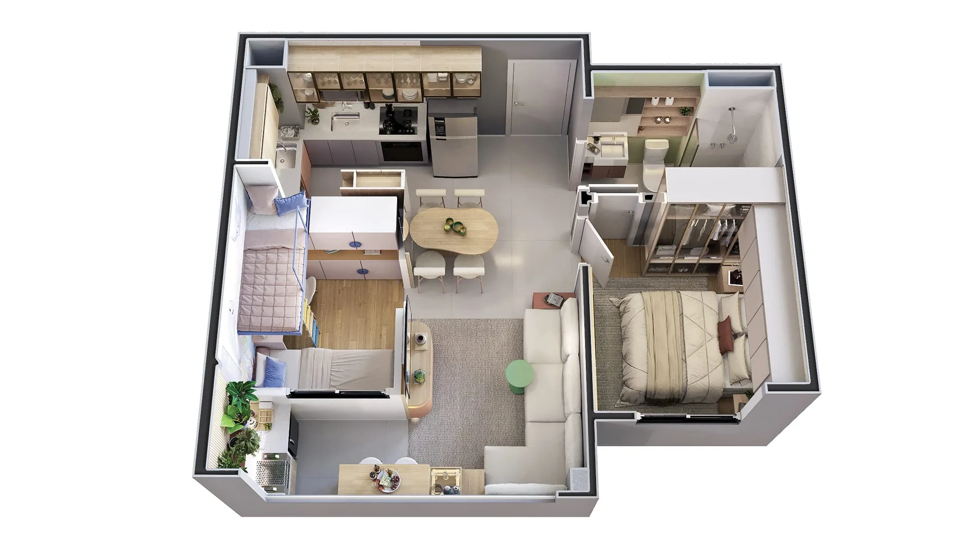 Perspectiva isométrica do apartamento de 2 dormitórios, 40,46 m², com sugestão de decoração