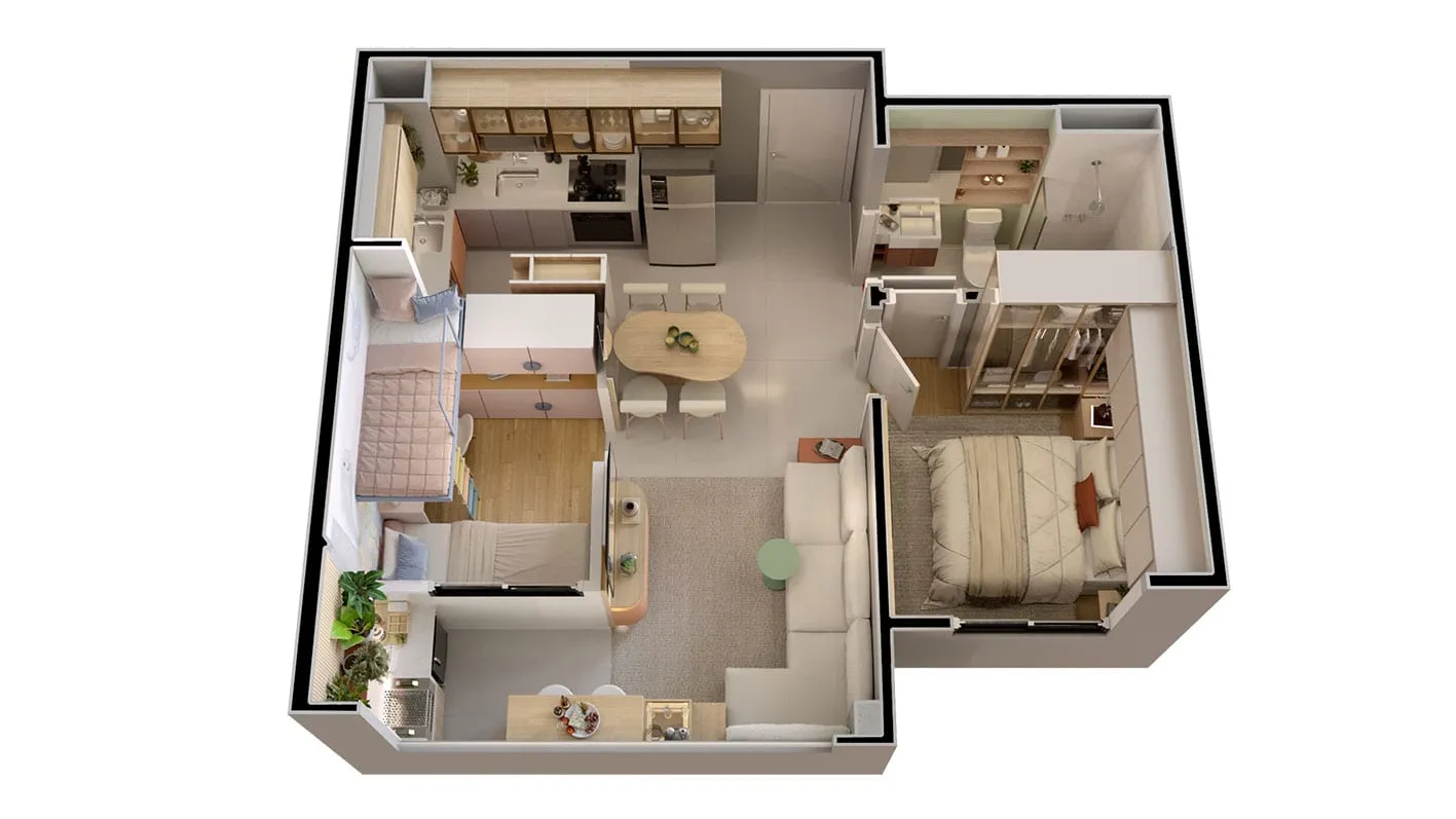 Perspectiva isométrica do apartamento de 2 dormitórios, 39,89 m², com sugestão de decoração