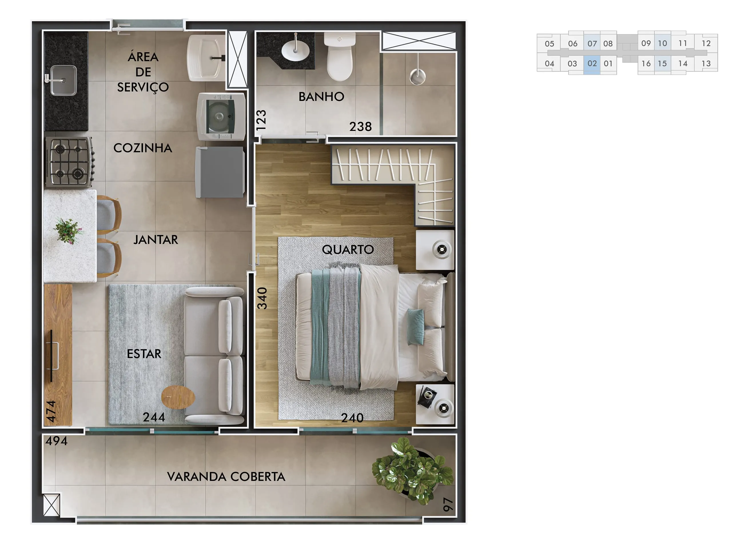 Planta do apartamento de 1 dormitório, 31,23 m², finais 2 e 7