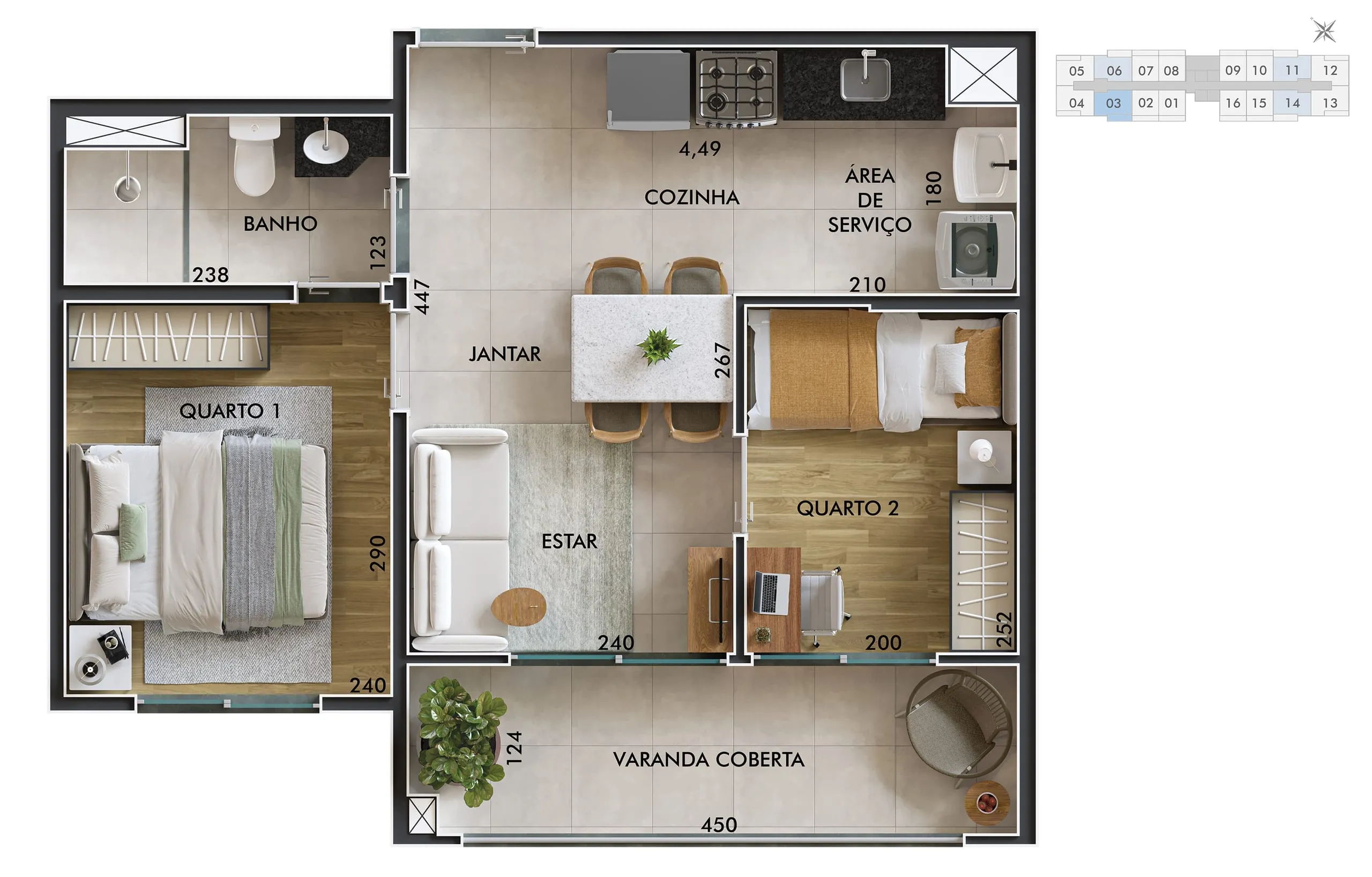 Planta do apartamento de 2 dormitórios, 40,46 m², finais 3, 6, 10 e 13