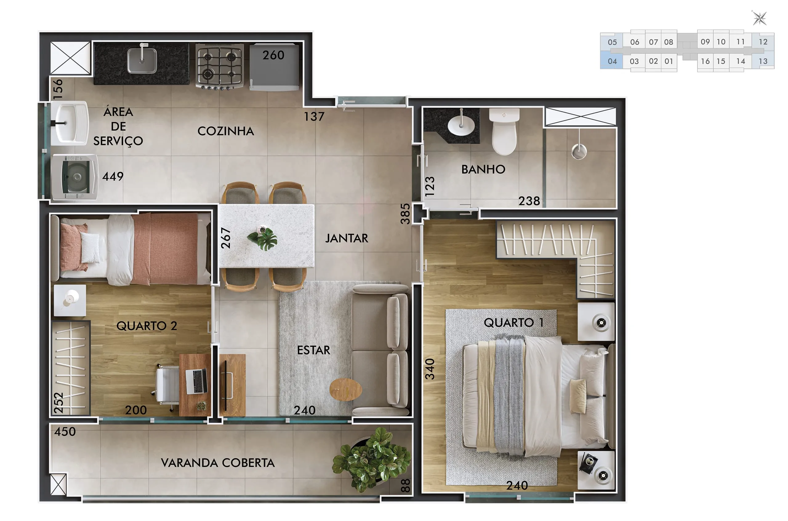Planta do apartamento de 2 dormitórios, 40,20 m², finais 4, 5, 11 e 12